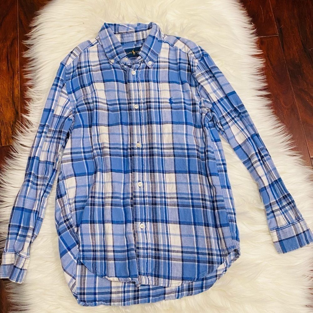 Ralph Lauren Blue Plaid Button Down Linen Blend Shirt Size 7